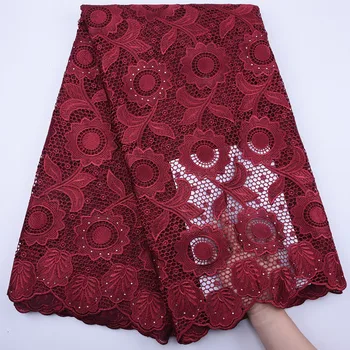 

High Quality Nigerian Water Soluble Cord Lace Fabric Red African Guipure Cord Laces With Stones For Wedding Party Dress F1796