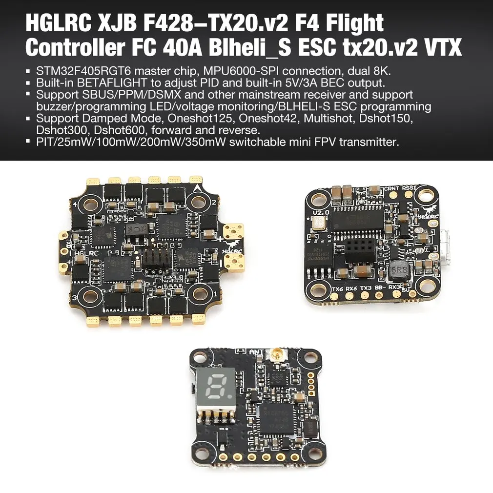HGLRC XJB F428-TX20.v2 F4 Flight Controller 2-4S 28A/33A/40A Blheli_S ESC 25/100/200/350mW tx20.v2 VTX for RC 65mm-250mm Drone