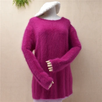 

fashion lady women Lace scoop neck plush wrinkles mink cashmere pullover angora rabbit fur knitted loose sweater blouses winter