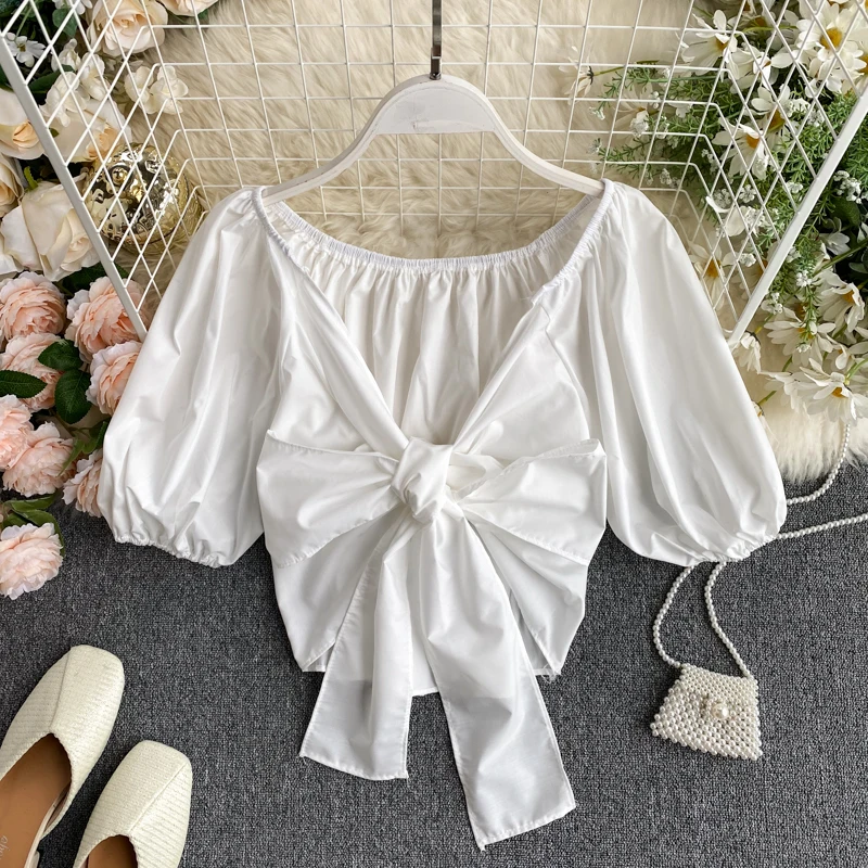 

Sexy Short Crop Top Woman Puff Sleeve Strap Bow Blouse Blusas Mujer De Moda 2020 Ladies Short Shirt White Black