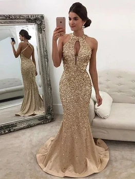 

"2020 Luxury Evening Dress Trumpet/Mermaid Sleeveless Halter Sequin Sweep/Brush Train Satin Dresses for Party "
