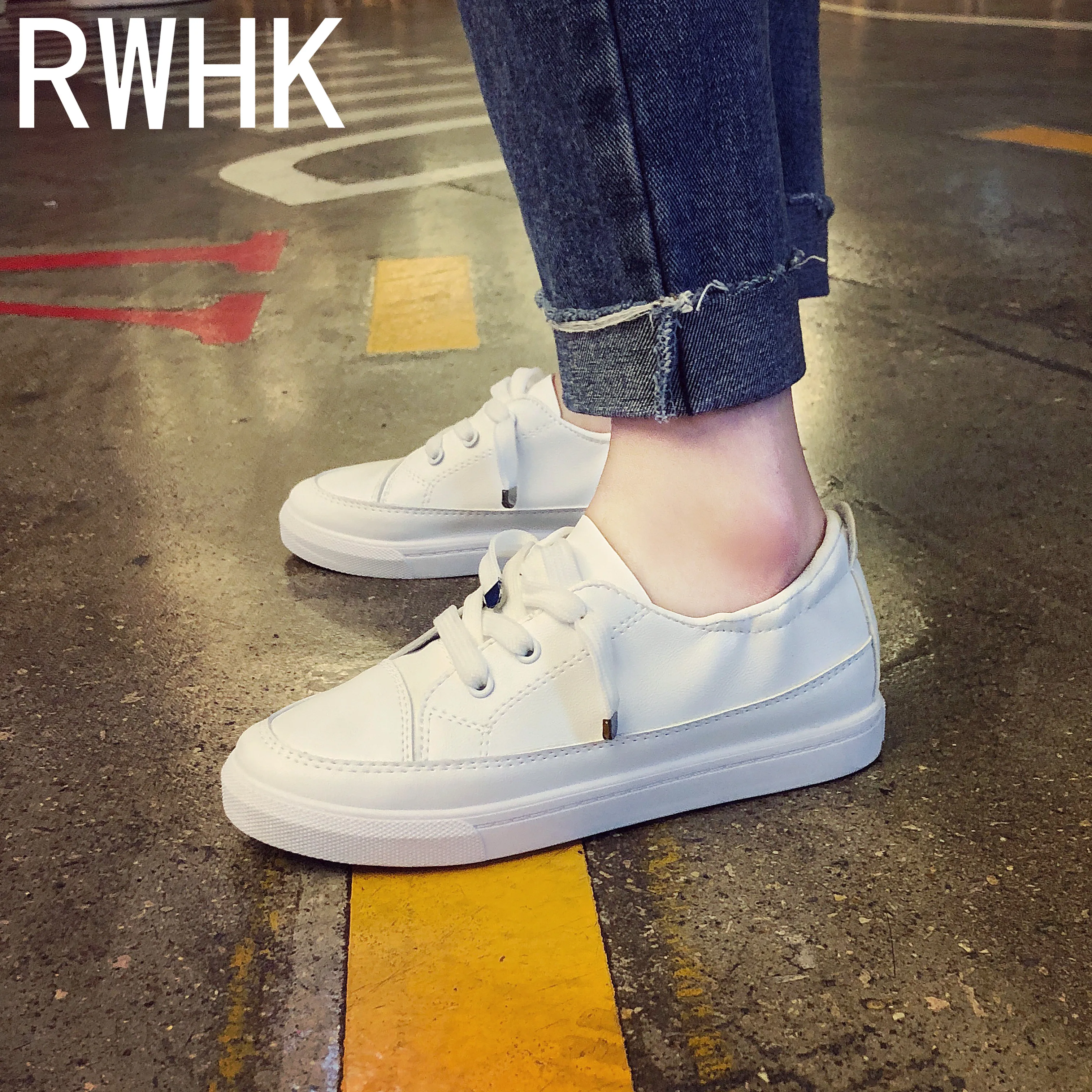 

RWHK Women Sneakers Fashion Breathble Vulcanized Shoes Pu leather Platform Lace up Casual White Tenis Feminino Zapatos De Mujer