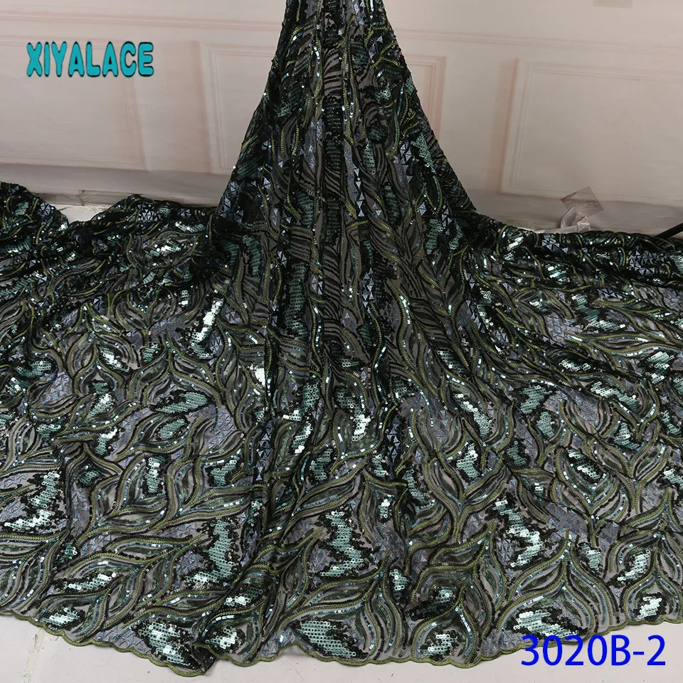 

The net lace fabric design with sequins for party African Lace Fabric Latest French sequins Green Lace Fabric YA3020B-2