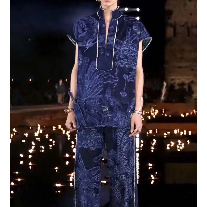 

Cosmicchic 2020 Runway Design Women Denim Suit Floral Print Short Sleeve Denim Shirt Wide Leg Jeans Tassel Pants 2 Piece Set