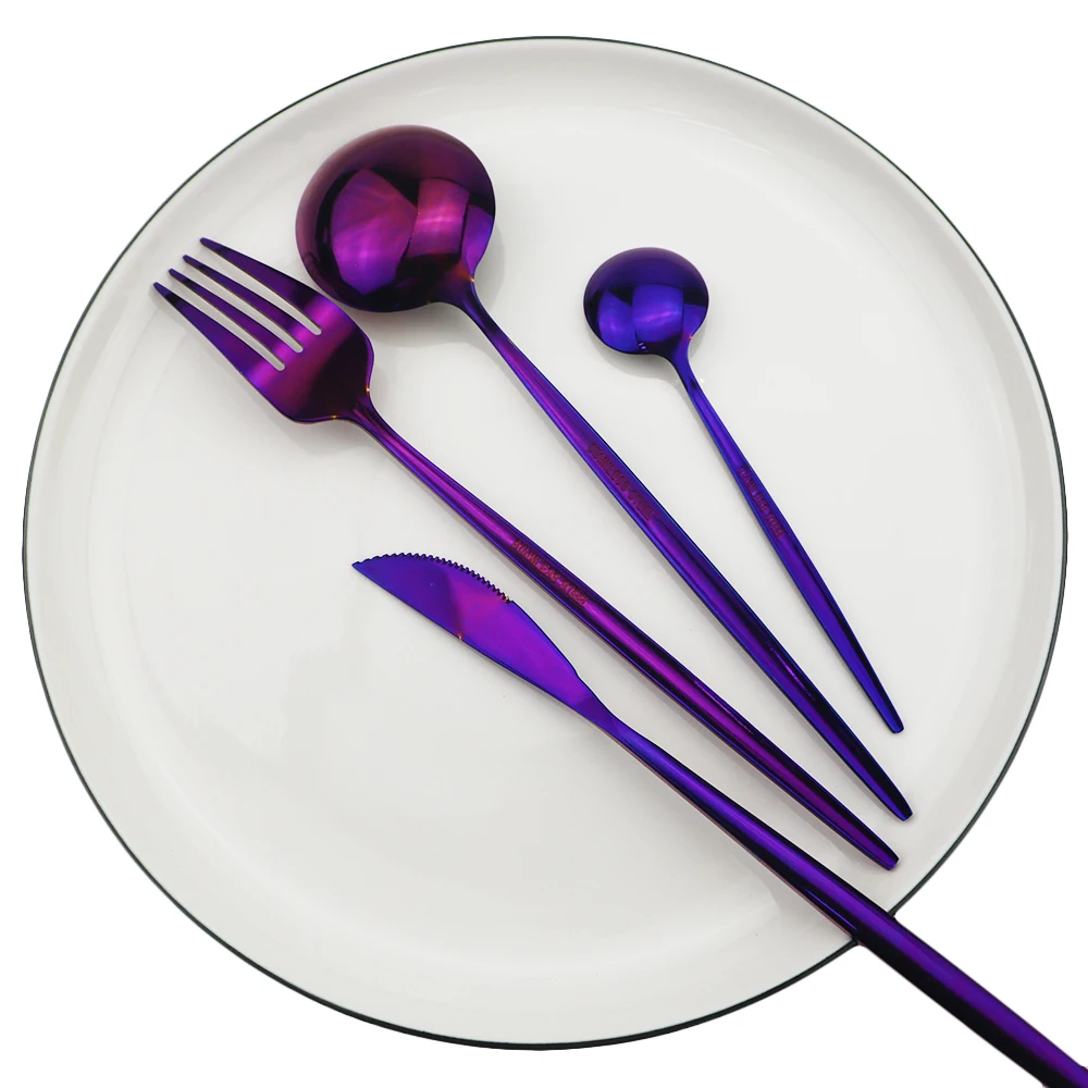 Cutlery Set Western Style Cutlery Set Stainless Steel Cutlery Set Shiny Purple Dinnerware Set Western Tableware Set 18/10 Stainless Steel Fork Knife Spoon Cutlery Home Party Silverware