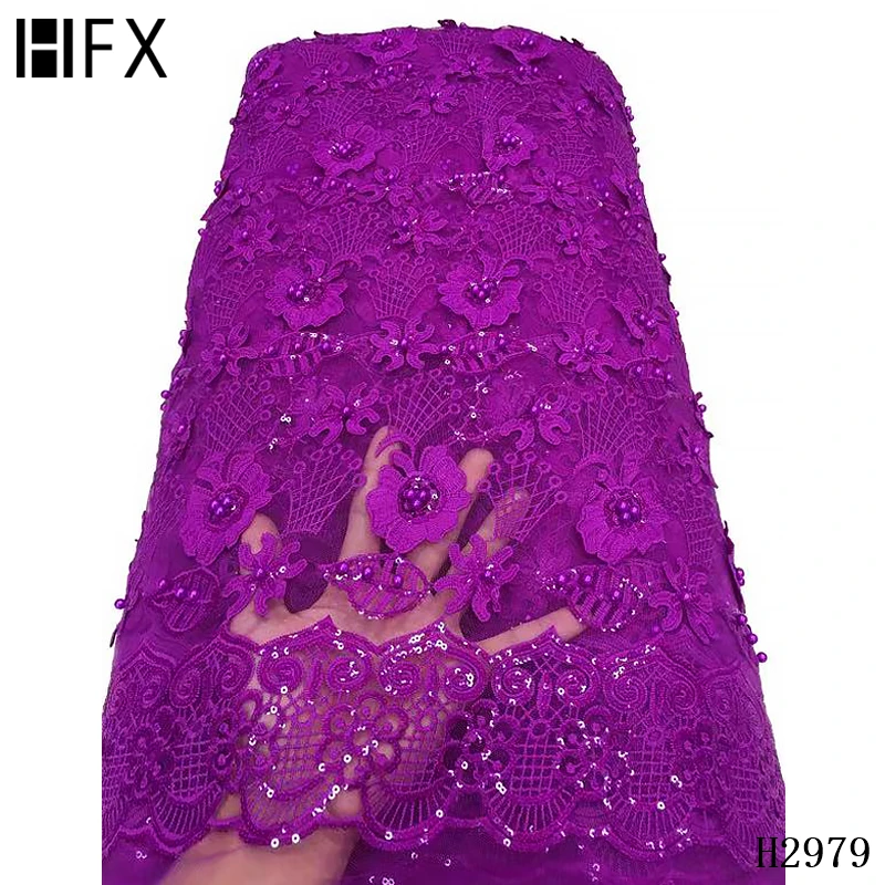 HFX African Lace Fabric 3D Floral Tulle Lace Fabric Purple Embroidery Beaded Lace Fabric With Sequins For Wedding Dress F2979