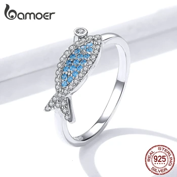 

bamoer GAR106 Size 678 Lovely Sea Fish Ring Women 925 Sterling Blue Zirconia Ring Romantic for Wedding Engagement Women Gift
