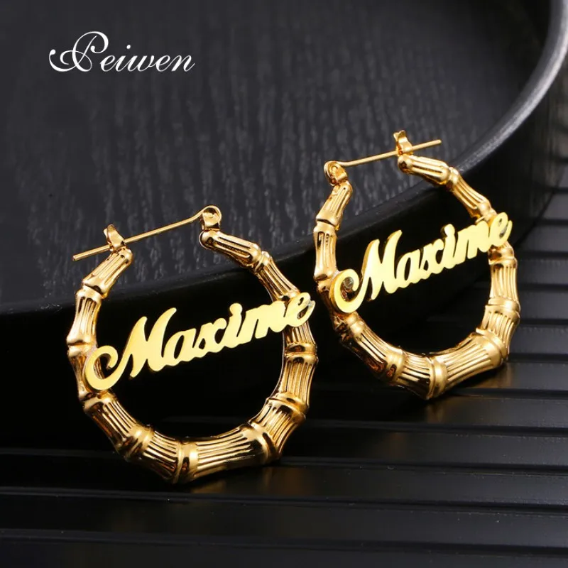 Custom Bamboo Hoop Earrings Customize Name Earrings Bamboo Style Personality Earring With Statement Words Hiphop 45-90mm Eardrop