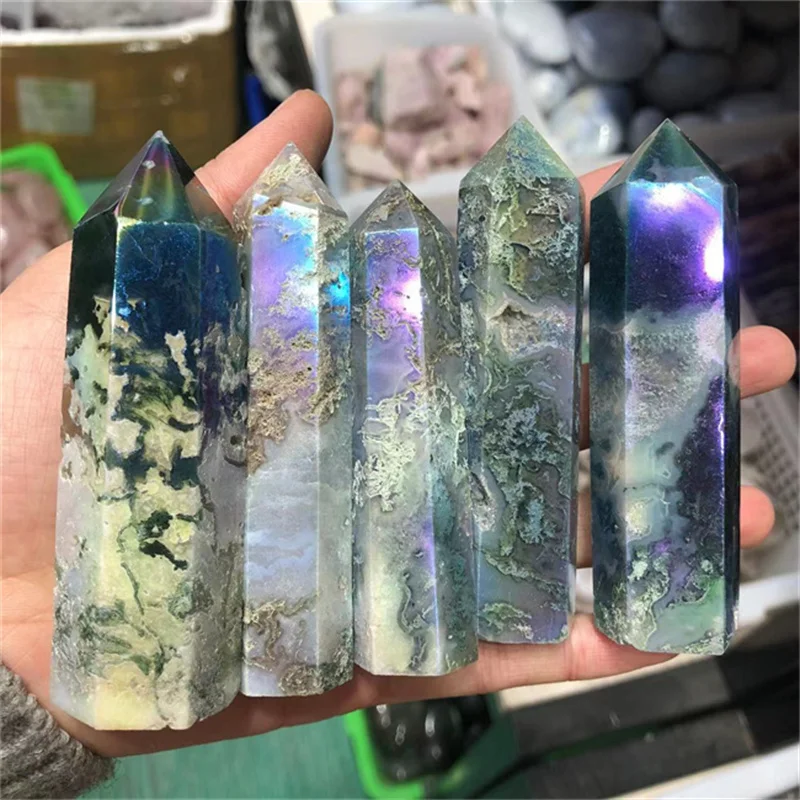 

Natural Crystal Moss Agate Point Angel Rainbow Crystal Tower Wand Crystal Pillar Home Decor