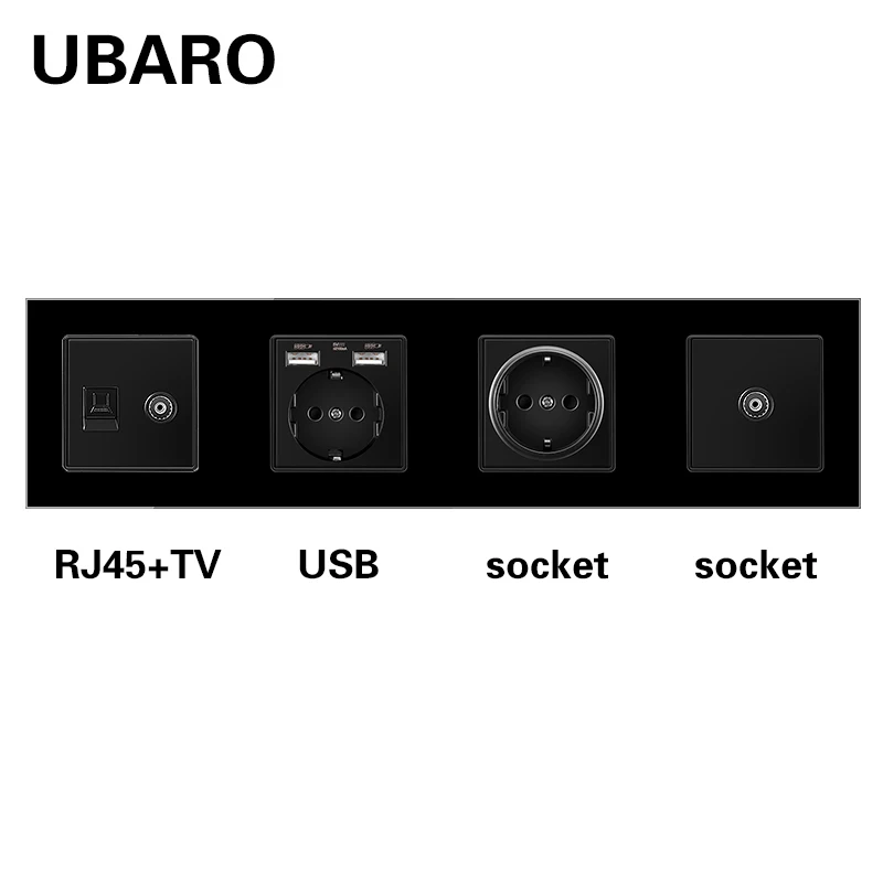 UBARO Standard ue gniazdo ścienne hartowana szklana rama RJ45 RJ11 TV terminale sygnałowe USB 5V 2A wtyczki gniazdko domowe 250V 16A 344*86mm