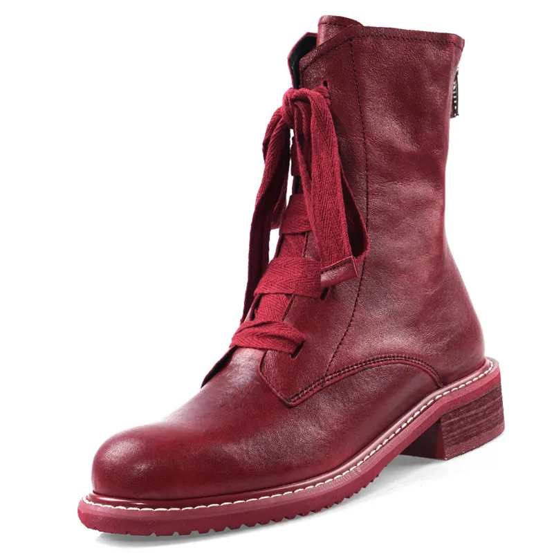 FEDONAS/Новинка; теплые удобные женские ботильоны из овечьей кожи; короткие ботинки на платформе с перекрестной шнуровкой и молнией; зимняя повседневная женская обувь для вечеринок - Цвет: Бордовый
