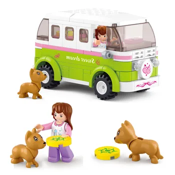 

[Funny] 158pcs/set Friends Station Wagon Dream Outing Travel Car Puppies Building Blocks Car+Figure+Dog model sets kids gift toy