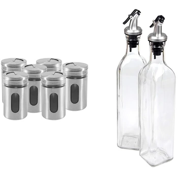 

2Pcs Cruet Oil Dispenser Glass Bottle for Cooking Container Spout 17Oz & 6Pcs Stainless Steel Seasoning Condiment Jar