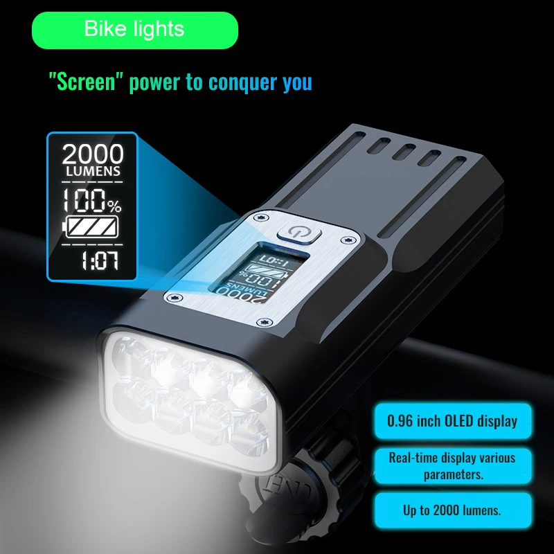 Powerful Bike Light OLED Display 10000mAh Rechargeable Bicycle Headlight Flashlight Type-C Charging 2000 Lumens Lamp Waterproof | Спорт и
