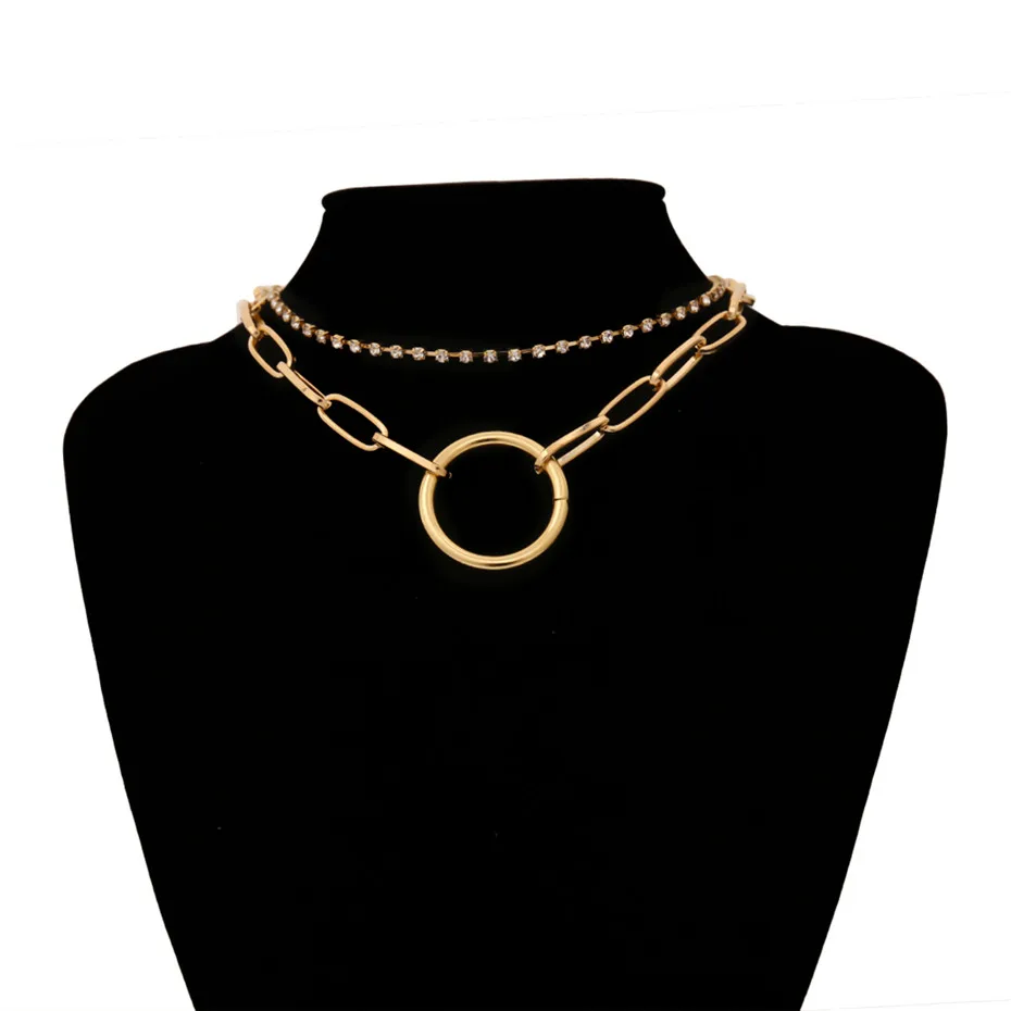 Готическое Кристальное многослойное круглое колье-чокер, ожерелье-ошейник в стиле стимпанк, Золотая Серебряная цепочка с замком, ожерелье для женщин, ювелирное изделие
