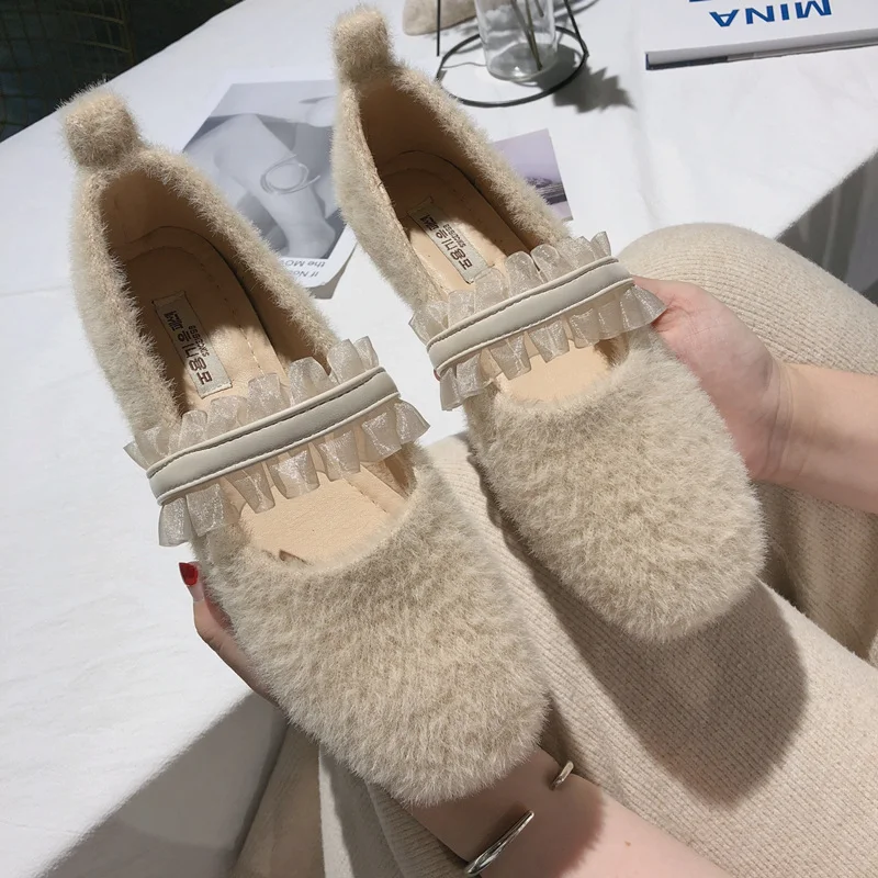 

EOEODOIT Spring Autumn Flat Heel Fur Shoes Fashion Square Toe Ballet Flats Women Casual Retro Elegance Marry Jeans Loafers