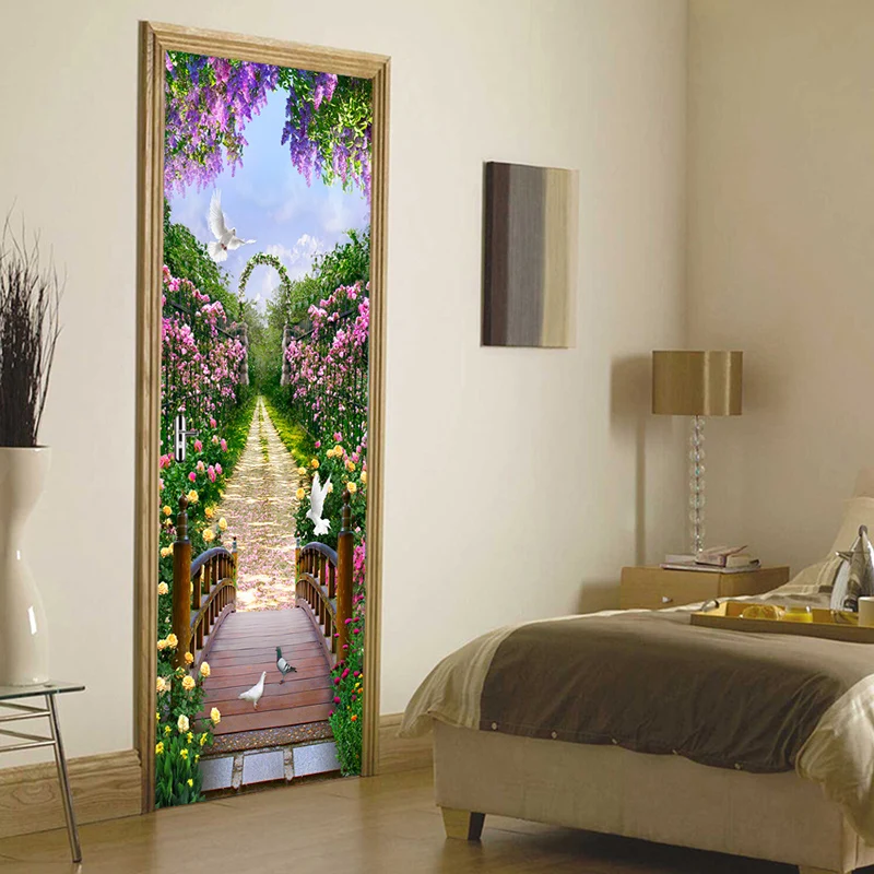 Наклейки на дверь домашний декор обновленный цветок ПВХ Парк Фреска бумажная печать художественная картина самоклеющиеся водоотталкивающие обои для спальни
