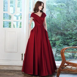 Evening Dresses Long V-Neck Prom Dress Floor-Length A-Line For Woman Party Night Pleat Satin Prom Gown robe de soirée femme 2022