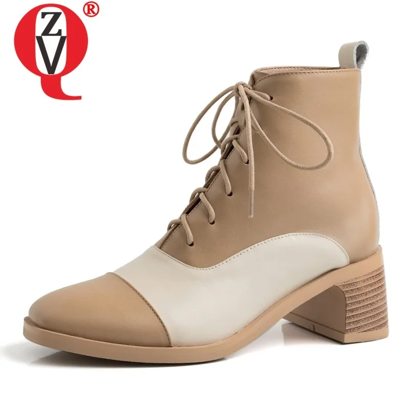 

ZVQ fashion woman work shoes genuine cow leather beige apricot mixed color ankle boots Square toe Martin boots drop shipping