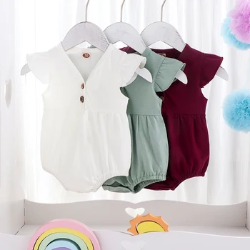 

0-24M Infant Baby Girls Boys Bodysuits Ruffles Short Sleeve Solid V Neck Button Jumpsuits Casual Outfits
