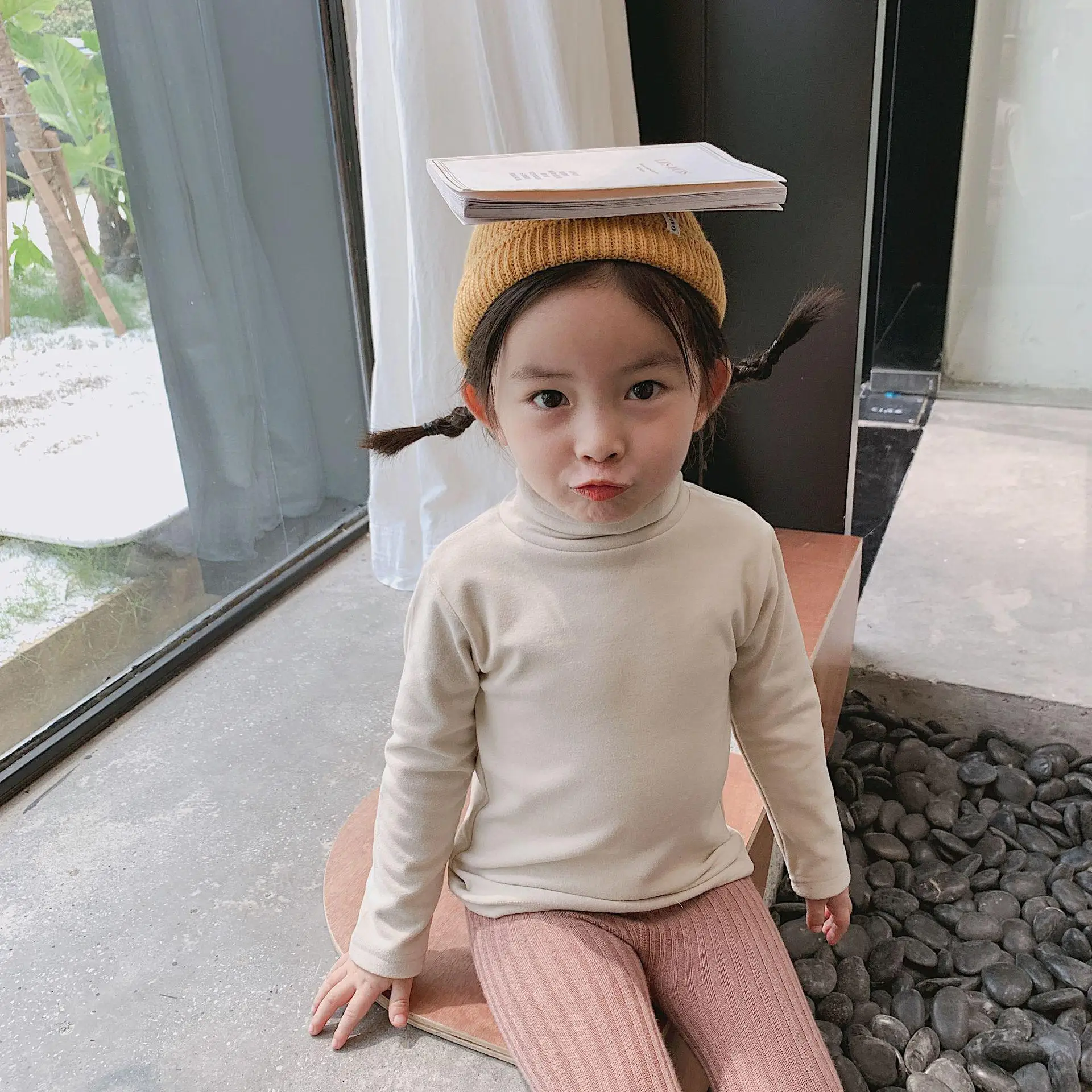 Children Clothes Winter New Korean Girls High Neck Base Coat Kids Soft Elastic Solid Color Top Boys Long Sleeve Tops - Цвет: Бежевый