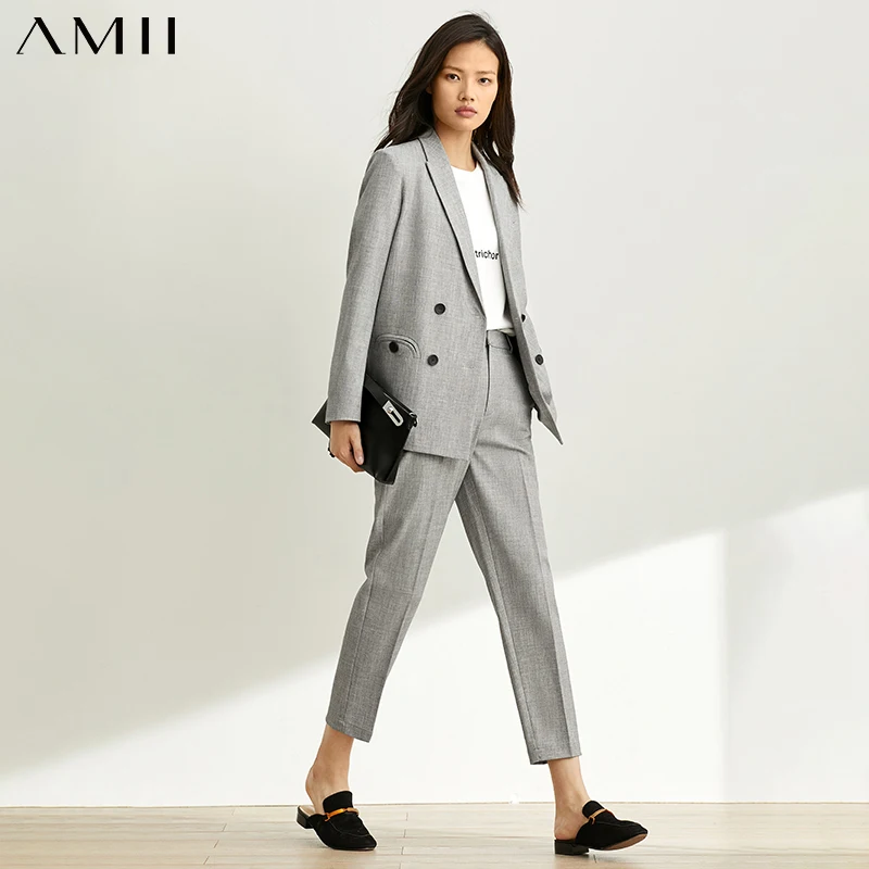 Suit-Set AMII Length-Pants Autumn Lapel Solid Gray Minimalism 12070512 Coat Olstyle High-Waist