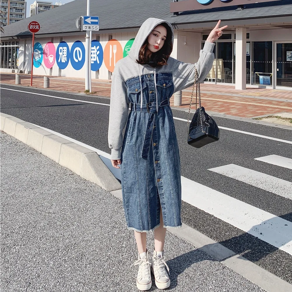 

Photo Shoot 2019 Spring New Style WOMEN'S Dress-Style Retro CHIC-Style Waist Hugging Slimming Hooded Cowboy Splicing Dress