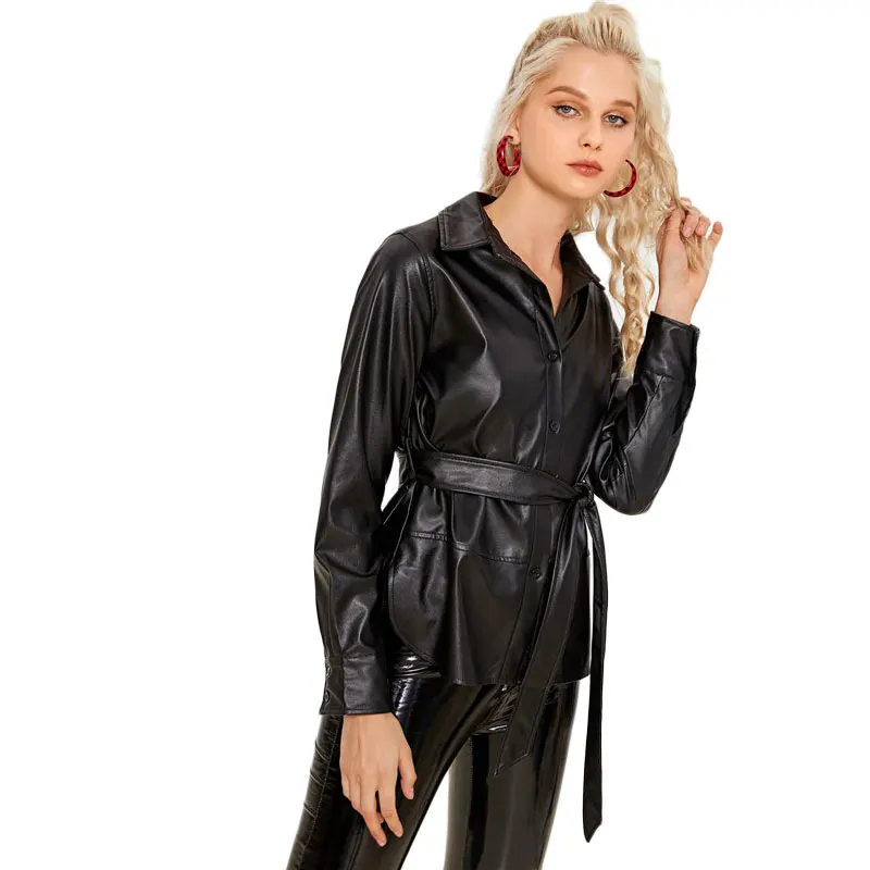 ROMWE однобортный пиджак из искусственной кожи с поясом для женщин; сезон весна-осень; стрейчевая черная куртка; пальто; женская одежда; пальто с разрезом