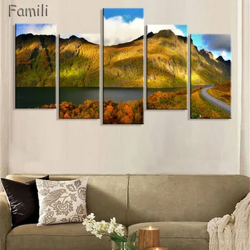 

5Panel norway night northern lights lake Natural landscape poster silk fabric cloth print wall sticker Wall Decor custom print