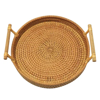 

New Hot Hand Woven Wicker Rattan Basket Bread Fruit Snack Tray Round Storage Basket SMR88