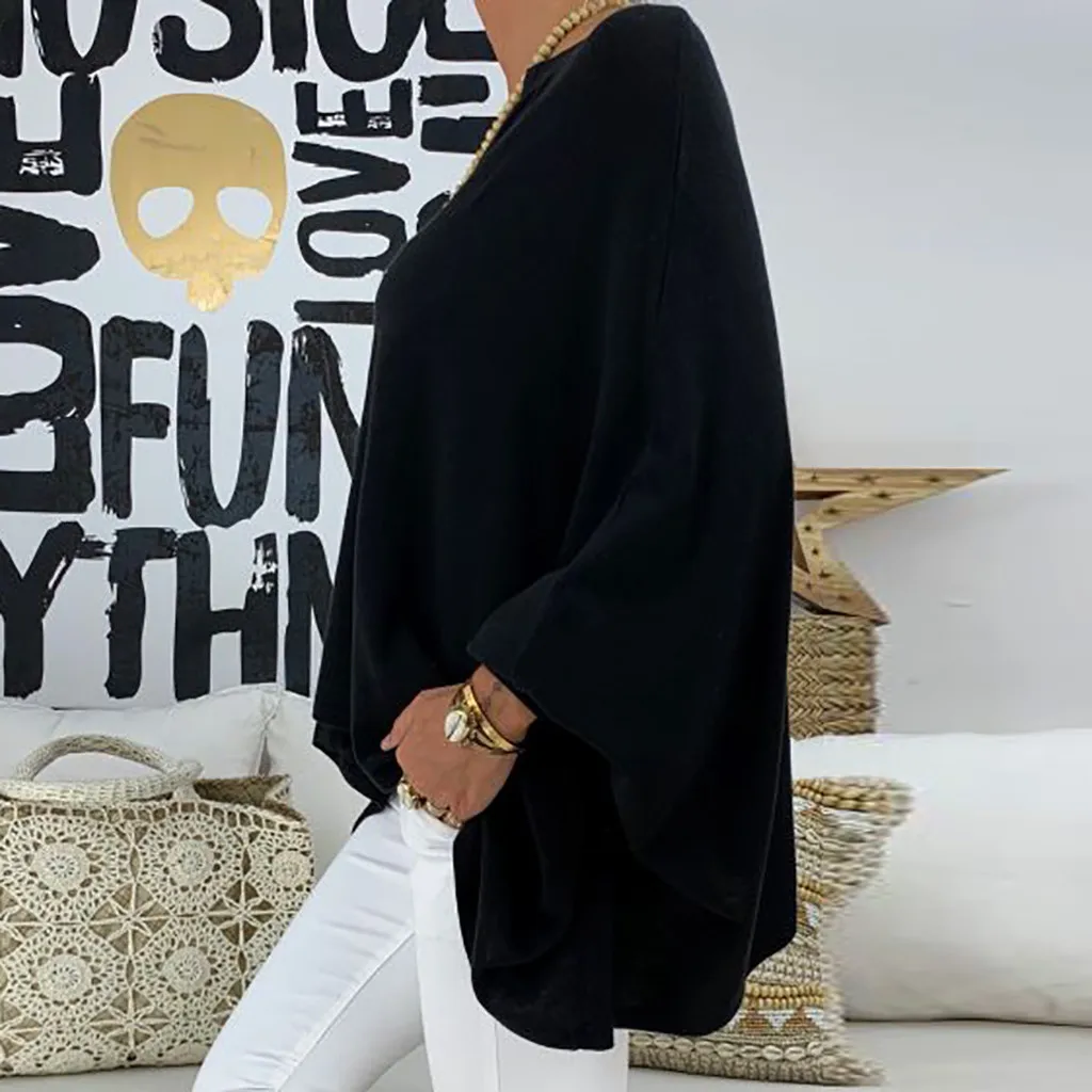 feitong Blouse Female Clothing Women's Loose Plus Size Solid Long Sleeve V-neck Pullover Blouse Tops Shirt Plus Size 5XL
