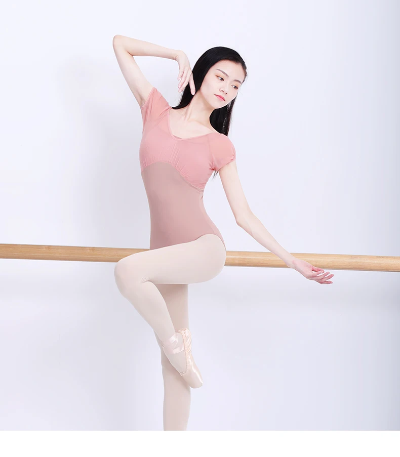 Erwachsene Frauen Ballett Trikots Blau Sexy Mesh Gymnastik Trikot Weibliche Ballett Tanzen Kostüme Mädchen Kurzarm Tanz Bodys – Detail 5