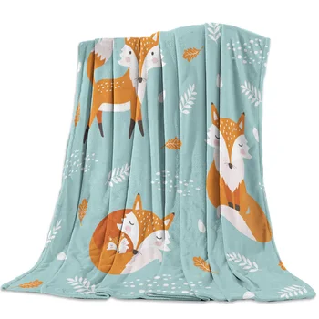 

Fox Orange Blue Leaves White Dots Throw Blanket Sofa Bed Throw Blanket Kid Adult Warm Blanket for Beds Coral Fleece Fabric