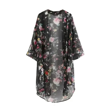 

Summer Sunproof Cardigan Fashion Women Chiffon Bikini Cover Up Kimono Cardigan Coat camisa Floral Print Beachwear blusas