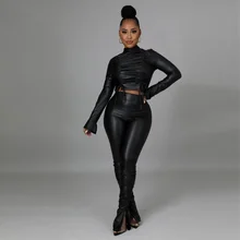 

PU Faux Leahter Two Piece Pant Suit Women Sexy Black Turtleneck Long Sleeve Drawstring Ruched Tops and Split Bodycon Pants Suits