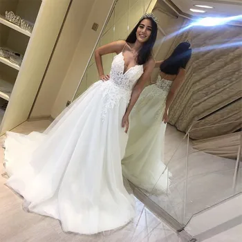 

Eightree Charming Illusion Wedding Dresses V neck Spaghetti Straps Appliques Bridal Gowns A-Line Floor Length Vestidos de Noiva
