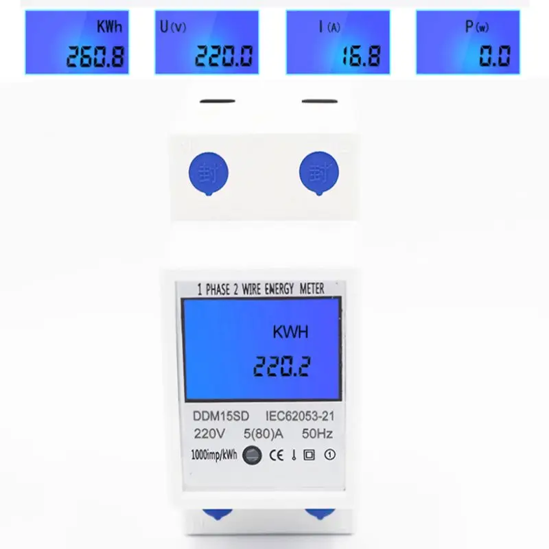 Однофазный 2 провода Din Rail 5(80A) счетчик энергии Электрический счетчик монитор DDM15SD с ЖК-подсветкой