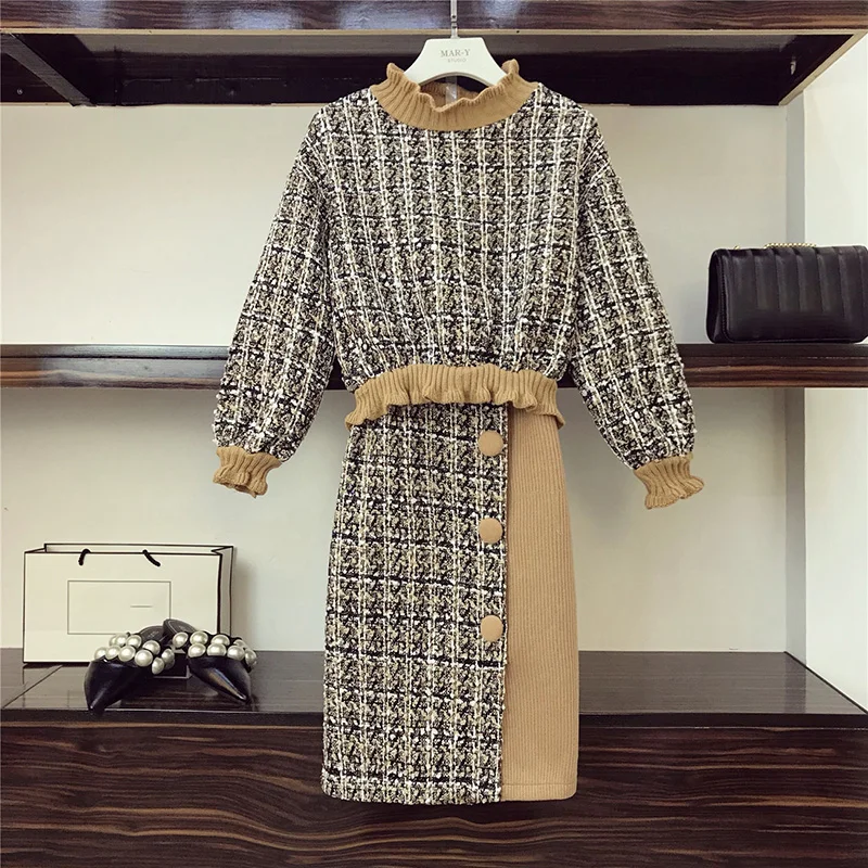 

New Fall Winter Tweed 2 Piece Set Half Turtleneck Ruched Patchwork Tops and Woolen Skirt Sets Elegant Plaid Pullover Skirt Set