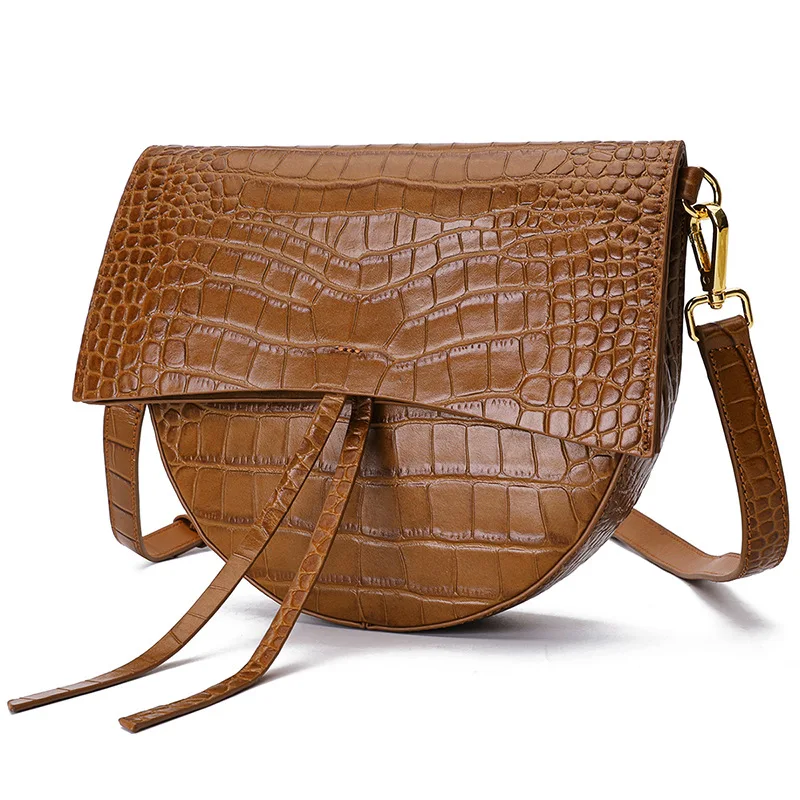 

Newest Genuine Leather Saddle Bags for Women Crocodile Leather Handbags Female Shoulder Bag High Quality Messenger Bags Brown