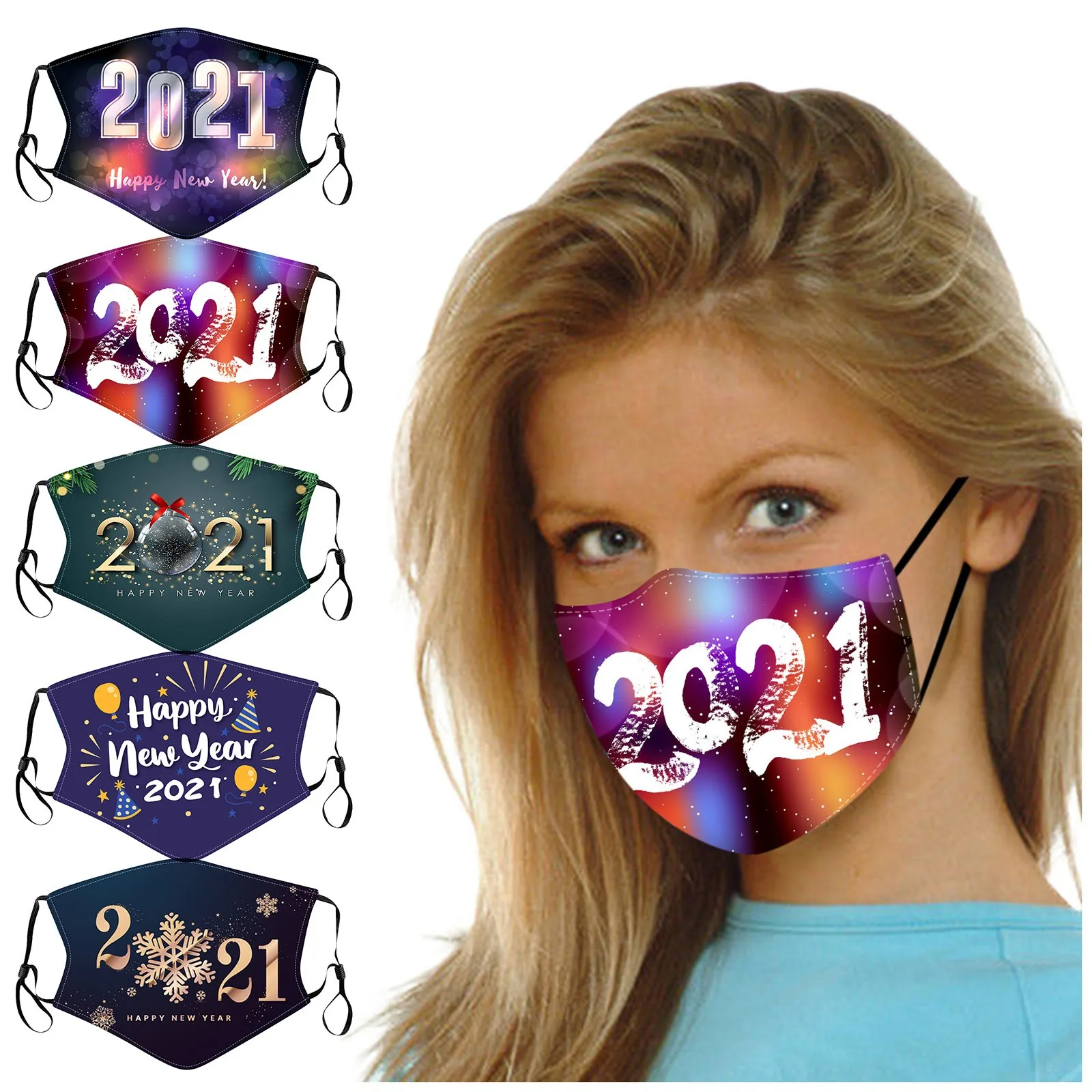 5pcs masque Adult 2021 New Year Printed Washable Masks Face Mask mondmasker Non-Woven Dustproof 3ply Ear Loop Mascarilla#5 | Аксессуары