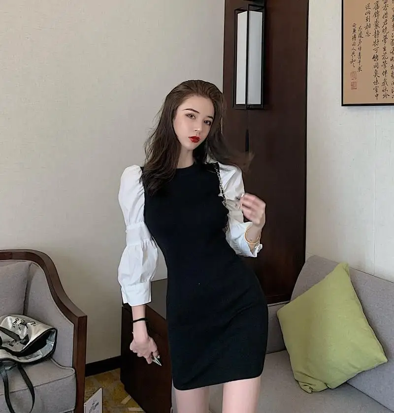

Women Autumn Knitted Patchwork Shirt Mini Dress Vintage O-Neck Straight Dress Casual Long Sleeve Bodycon Dresses