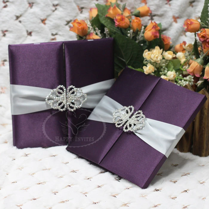 HI2003-106 Custom Dark Purple Silk Folder Wedding Invitation with Gold Foiling Printing Made in China More Colors Available Factory Price