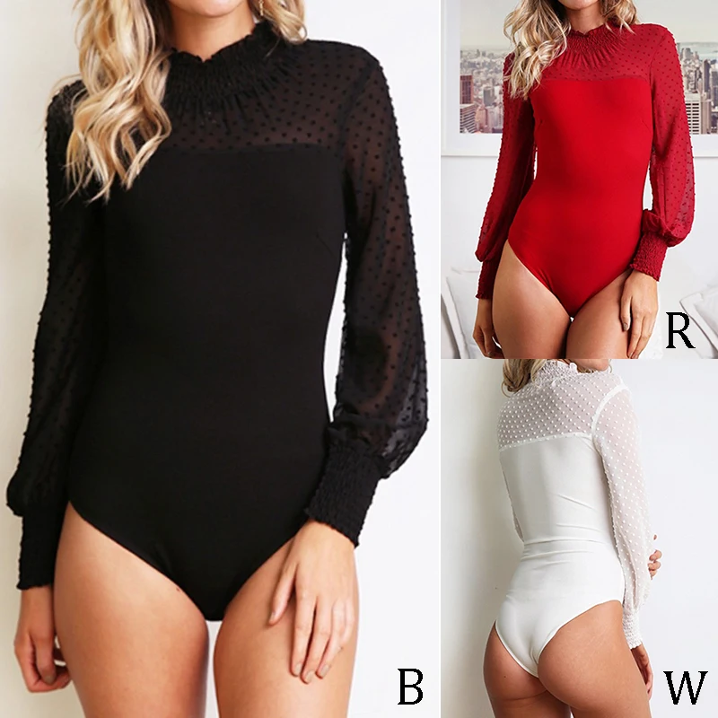 

Sexy Solid Chiffon Turtleneck Skinny Lace Bodysuits Women Spring Autumn Long Sleeve Bodycon Patchwork Bodysuit