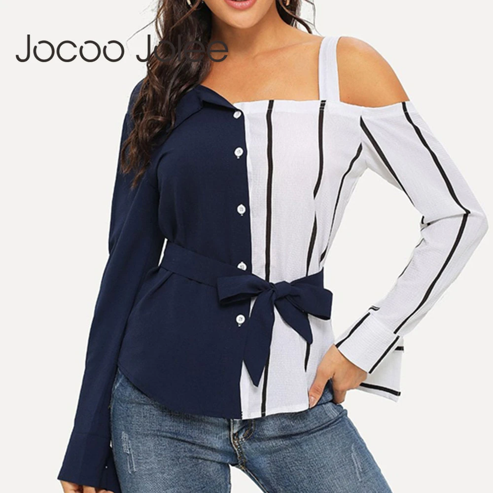 

Jocoo Jolee Women Long Sleeve Cold Shoulder Striped Patchwork Shirt Fashion Asymmetrical Neck Panelled Color Blouse Top Tee