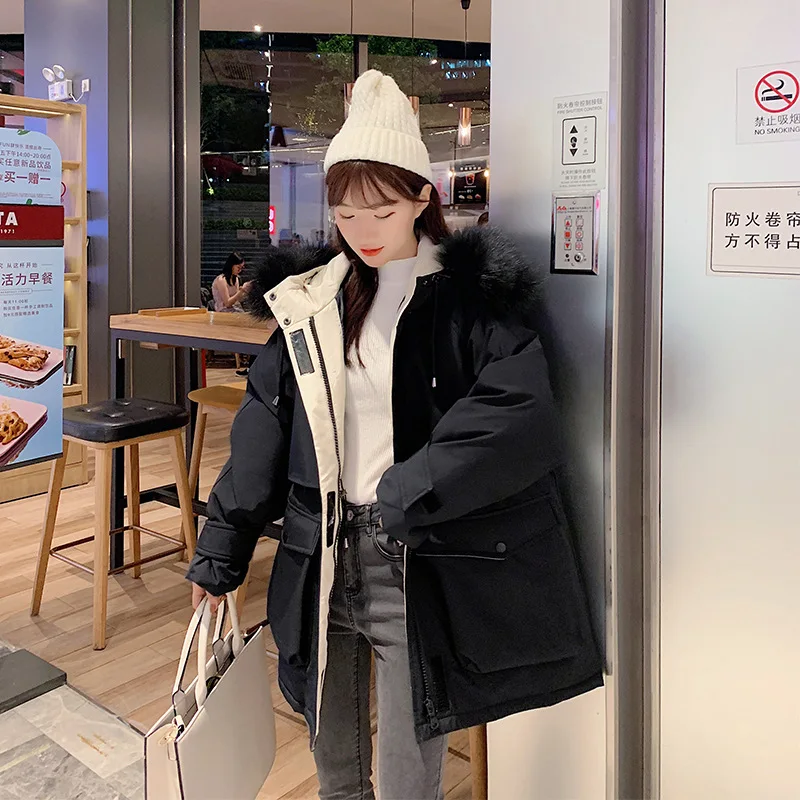 

Workwear Coat Women's Mid-length Winter 2019 New Style Korean-style College Style Large Fur Collar Casual Loose-Fit Cotton-padde