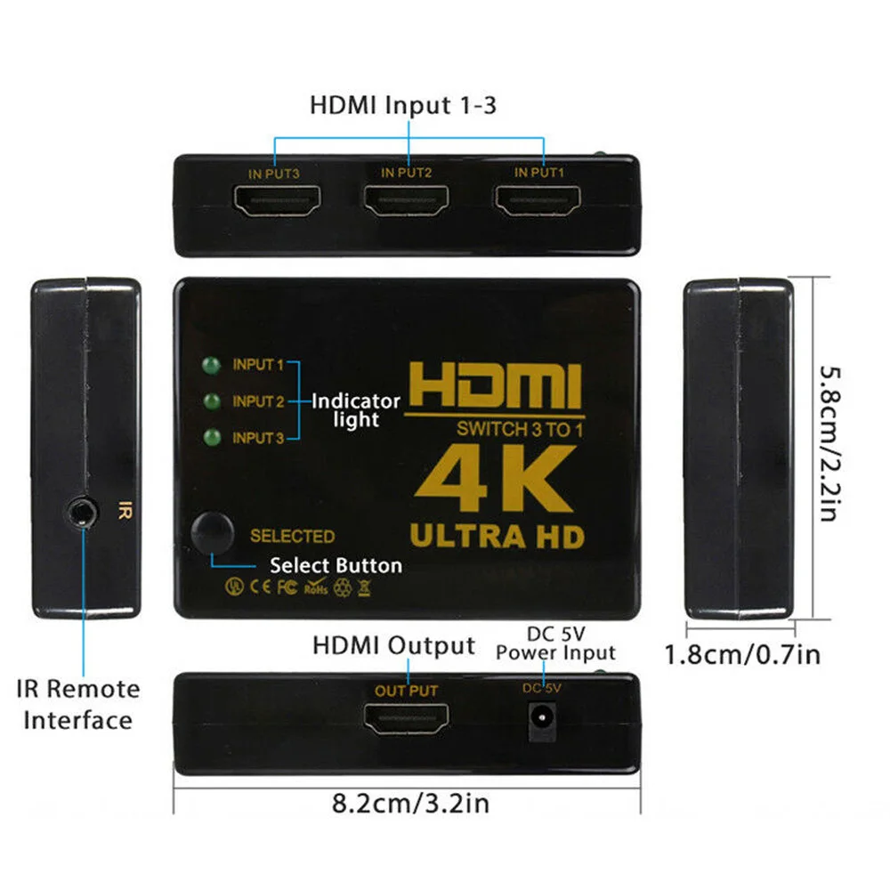3D 1080p HDMI коммутатор сплиттер концентратор+ ИК пульт дистанционного управления 4K* 2K 3 вход 1 выход ручной переключатель дистанционного управления