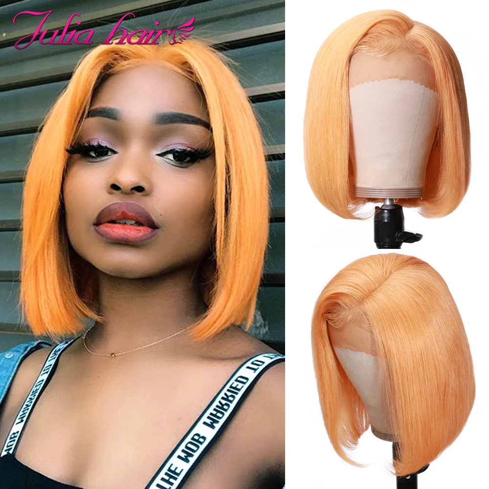 Straight Bob Lace Front Wig with Bangs Brazilian 13×4 Glueless Lace Front Human Hair Wig Julia Green Pink Yellow Short Bob Wigs (4)