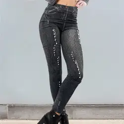 Модные женские брюки-скинни с высокой талией, с принтом жемчуга, сексуальные узкие джинсовые брюки-карандаш, женские джинсы для девушек