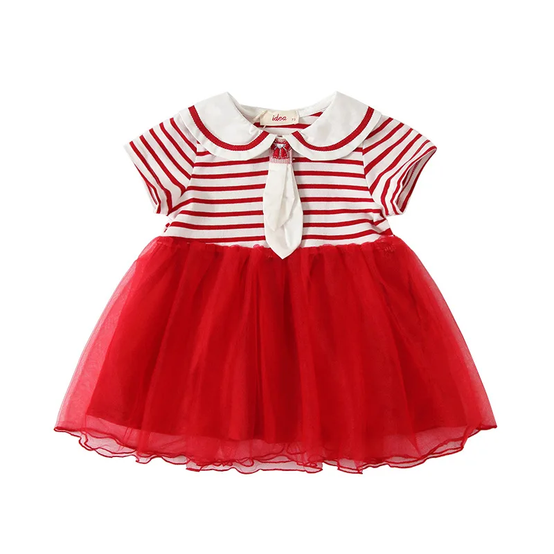 

Toddler Dress Sweet Short Solid with Striped Designed Cotton Baby Girls Skirt Summer Mesh Princess Costume Wholesale