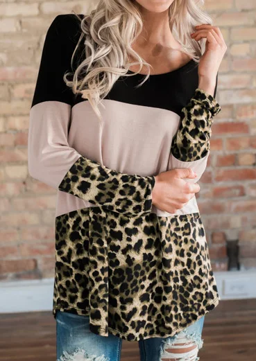 

Women Color Block Leopard Printed Full Long Sleeve T-shirt Femme Back Button T-shirt Harajuku Plus Size Trendy Korean Clothes